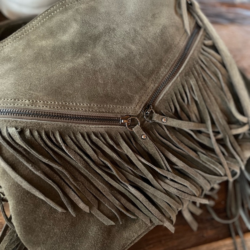 Olive Green Suede Fringe Purse